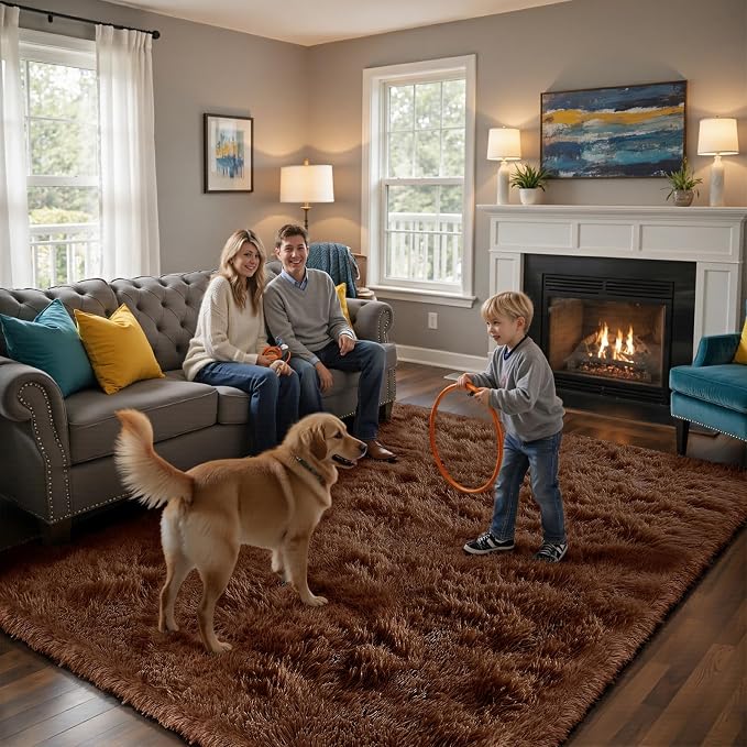 yongyangjuxin Fluffy Rug Shag Area Rug, Brown 9x12 Area Rugs for Living Room, Large Shag Area Rugs for Bedroom Room Home Decor, Upgrade Anti-Skid Rectangular Fuzzy Rugs