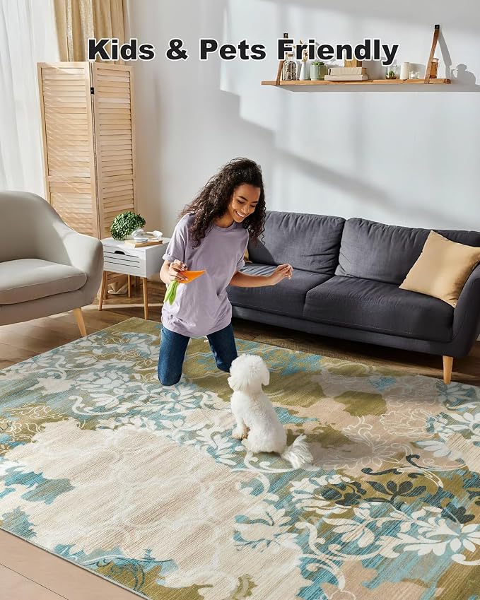 Macgace Washable Abstract Rug, 8x10 Willow Green and Blue Floral Area Rugs with Non-Slip Rubber Backed for Living Room, Low Pile Modern Throw Carpet Bedroom Dining Room Decor