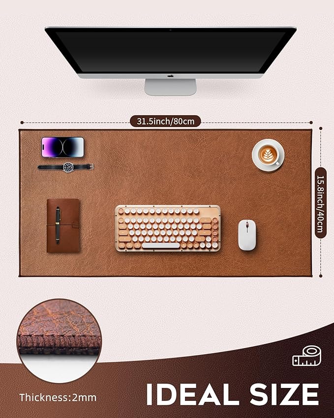 Retro Luxe Leather Desk Pad Protector,Mouse Pad and Keyboard Mat,Office Desk Mat,Dual-Sided Design,Waterproof Desk Writing Pad for Office and Home (Saddle Brown, 31.5" x 15.8")