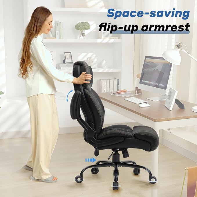 550LBS Big and Tall Office Chair, Comfy Heavy Duty Executive Chair with Adjustable Lumbar Support Double Spaces Casters, PU Leather Extra Wide Seat Ergonomic Computer Desk Chair for Back Pain, Black