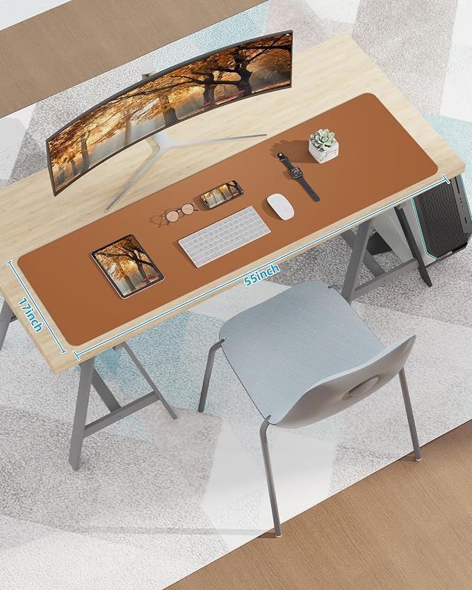 Leather Desk Pad Protector, Mouse Pad, Office Desk Mat, Non-Slip PU Leather Desk Blotter, Large Desk Mat, Waterproof Keyboard Mat for Office/Home/Decor (Light Brown, 55" x 17")