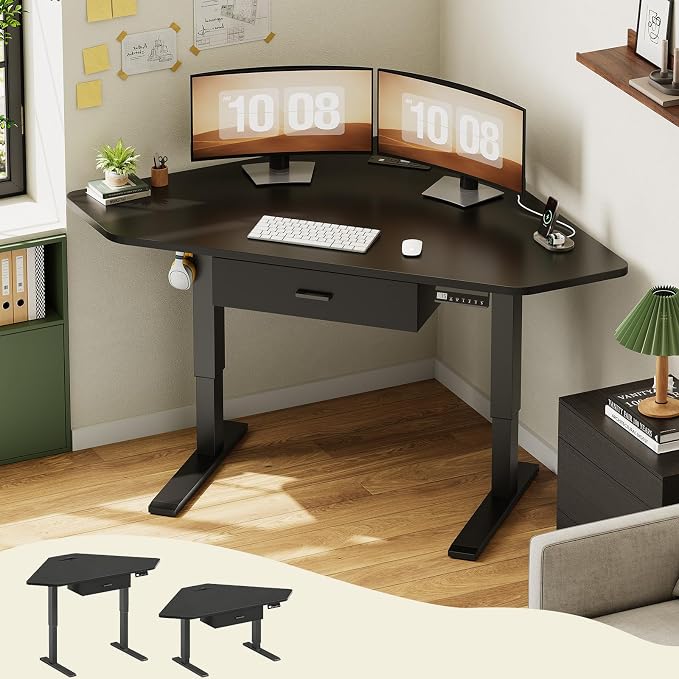 SEDETA Corner Electric Standing Desk with Drawer for Gaming, Small Space | 32'' Small Height Adjustable Computer Desk, Stand up Home Office Writing Desk, Black