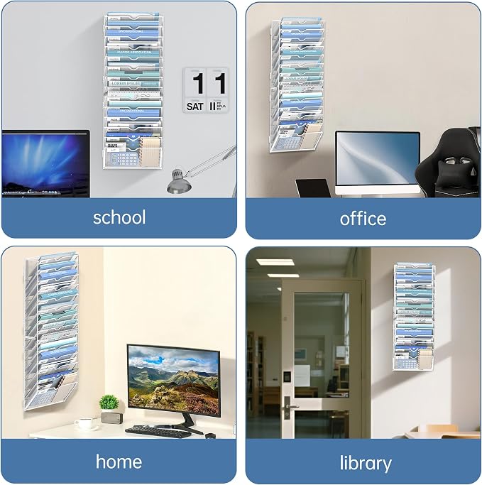 14 Tier Wall Hanging File Organizer, Paper Folder Holder Wall Mounted, Metal Mail Sorter for Office Home School, White