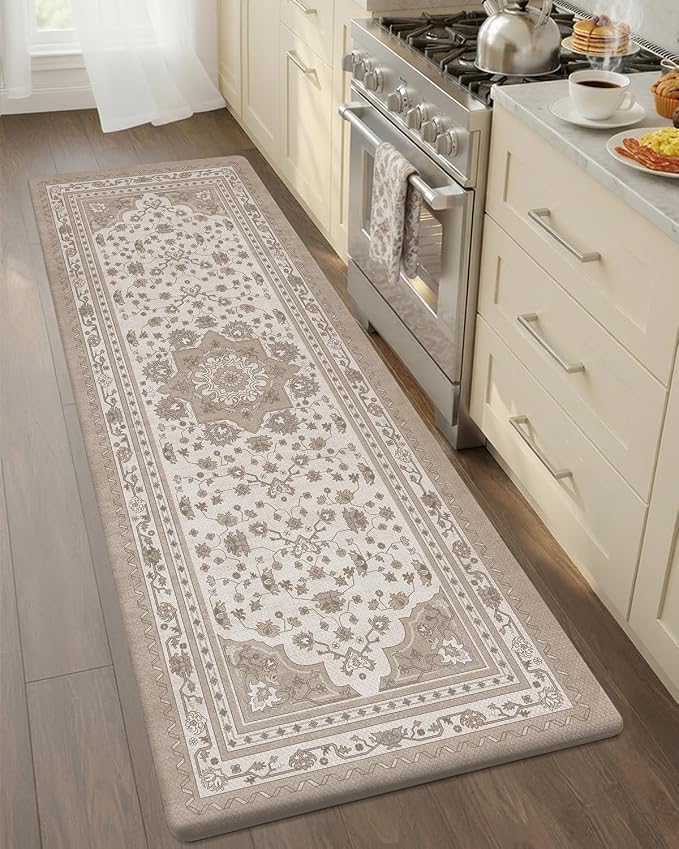 Color&Geometry Kitchen Floor Mat 24x59 Vintage Anti Fatigue, Beige | 0.4in Cushion Standing Mat For Cooking/Working/Laundry, Boho Decor, Non Slip PVC Kitchen Rug, Oil/Water Proof, Anti Slip
