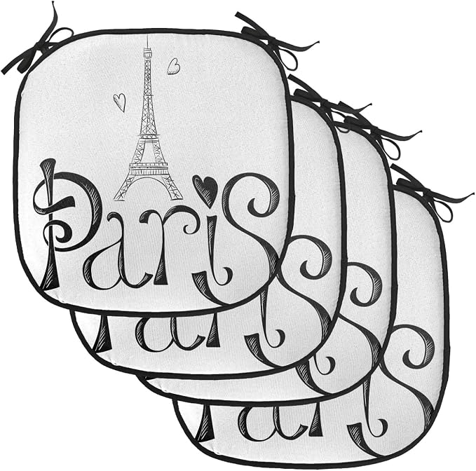 Lunarable Paris Chair Cushion Pads Set of 4, Illustration Eiffel Tower France Heart Shapes Silhouette Vacation Theme Art, Anti-Slip Seat Padding for Kitchen & Patio, 16"x16", Black White