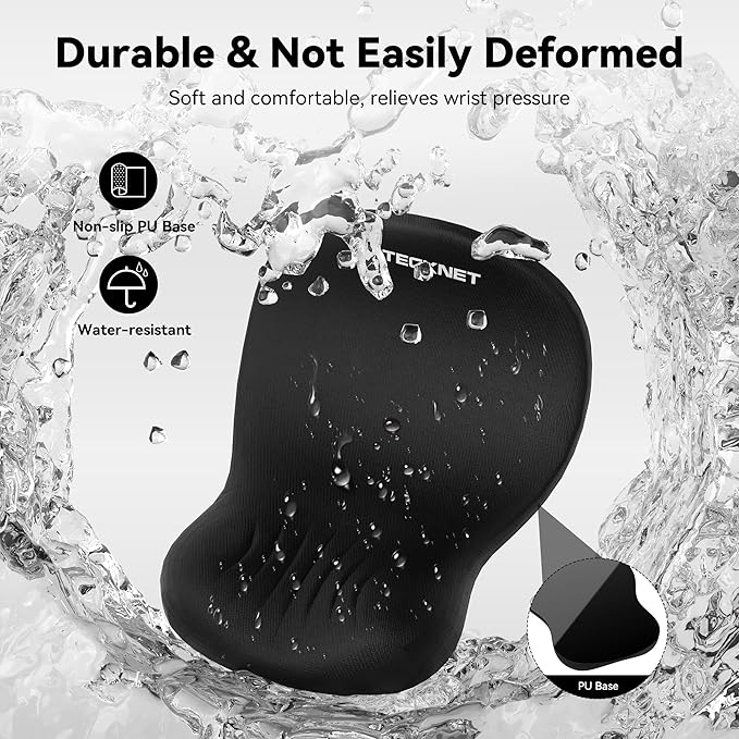 TECKNET Ergonomic Mouse Pad with Wrist Rest, Memory Foam Mousepad with Wrist Support, Smooth Surface, Middle Concave & Non-Slip Base for Laptop/PC, Pain Relief for Home Office Gaming, Black