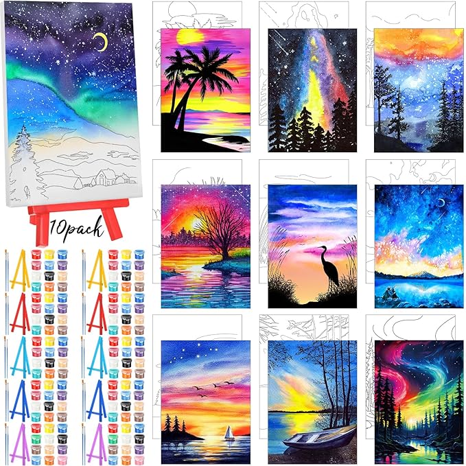 Blosssound 10 Set Pre Printed Canvas Pre Drawn Canvas Painting with Easel Kits 5" x 7" Outline Painting Panels for Beginners, DIY Craft Project, Home Decors(Dream Sky)