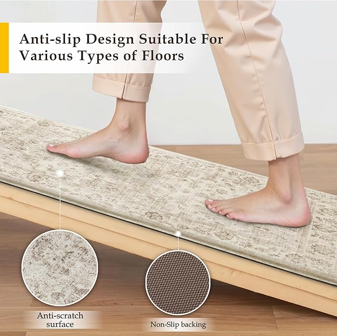 Anti Fatigue Kitchen Mats 2PCS Beige Neutral Mats for Cushioned Vintage Kitchen Matss for Floor Non-Slip Waterproof Comfort Standing Rug for Sink Laundry Office 17.3"×59"+17.3"×30"