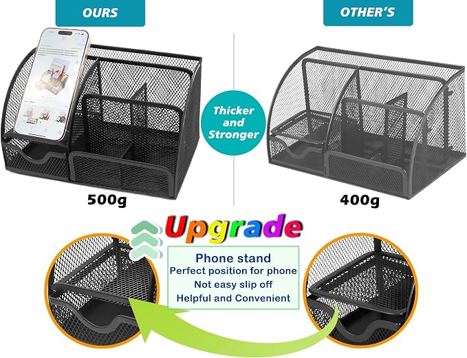 Boutilon Mesh Desk Organizer Desktop Office Supplies Stationary Organizer with 6 Compartments and 1 Drawer Multi-Functional Caddy Pen Holder for Home Office School Desk Decor(Black)