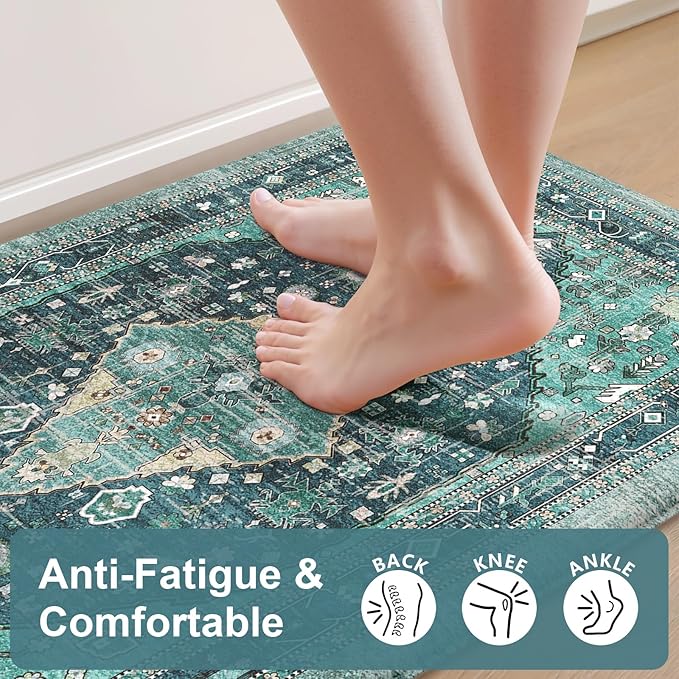 Collive Boho Kitchen Mats for Floor 2 Piece, Cushioned Anti Fatigue Kitchen Floor Mat Non-Skid Waterproof Under Sink Rug, Teal/Multi Comfort Standing Desk Rugs for Office, 17"x29"+17"x47"