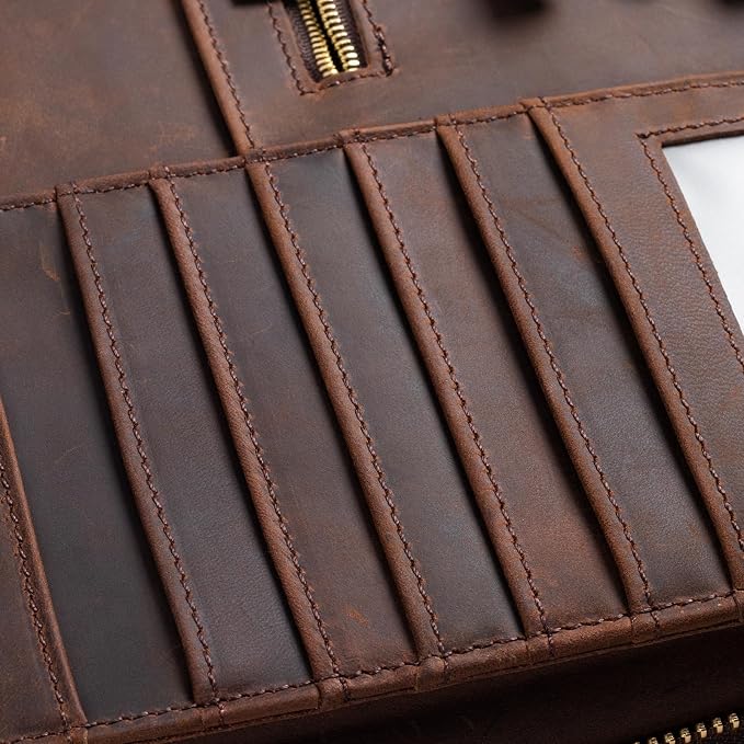 Gexmil Leather Portfolio Organizer for Women Men, Business Padfolio Folder with Zipper, Full Grain Leather,Interview Legal Document File Resume Organizer, A4 Writing Notepad Padfolio, Dark Brown