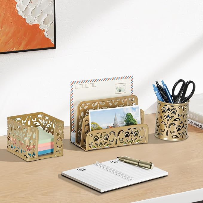 EasyPAG Desk Organizers and Accessories 3 Pieces Office Organizer Set - Pen Holder for Desk, Mail Sorter Countertop and Sticky Note Holder, Gold