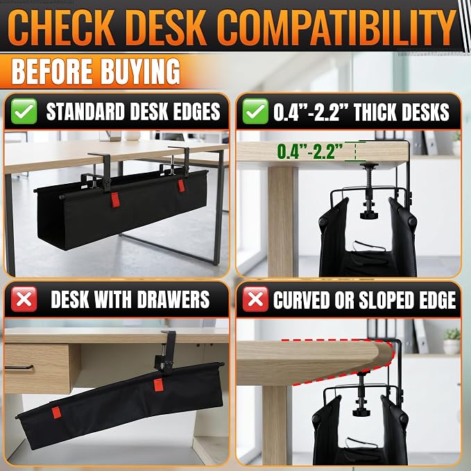 Under Desk Cable Management Tray 28" — No Drill Clamp-On Cord Organizer for Desk with Built-in Ties, Heavy Duty Metal Clamp, Foldable 600D Oxford Fabric for Home Office, WFH & Gaming PC Setup (Black)