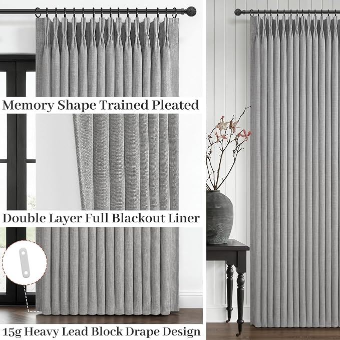 Pinch Pleated Light Grey 108 Inch Large Curtains for Patio Sliding Glass Doors, Extra Long Memory Trained Blackout Double Layer Thick Linen Insulated Sound Dampening Modern Windows Drapes Panels of 2