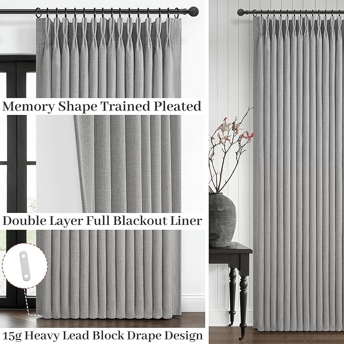 Extra Long 120 Inch Blackout High Ceiling Curtains for Living Room, Light Grey Memory Trained Pinch Pleated Soundproof Heat Blocking Two Layer Linen Textured Windows Curtain 10FT Length 2 Panels Set