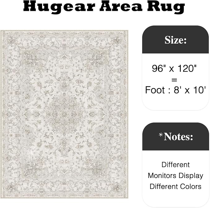 HUGEAR Area Rug 8x10 Vintage Beige Machine Washable Living Room Rugs Thin Neutral Floral Vacuumable Low Pile Carpet Bedroom Office Dining Room Laundry Room Non Slip Soft Lightweight