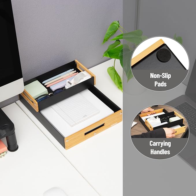 Mind Reader Metal and Wood Tiered Desktop Organizer Trays with Cutout Handles, Stackable Office Storage, Office, Entryway, Coffee Station and Home Organization, Metal and Wood, Set of 2, Black