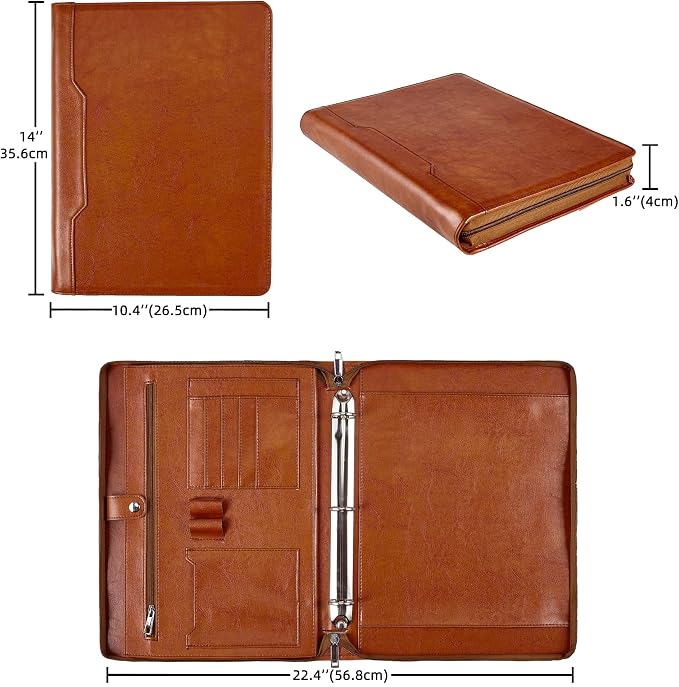 DUKE&COW Vegan Leather Portfolio Binder, 3 Ring Binder Padfolio for Women, Brown Folder, Handmade Oranizer, Personalized Resume Folder (Brown, Custom)
