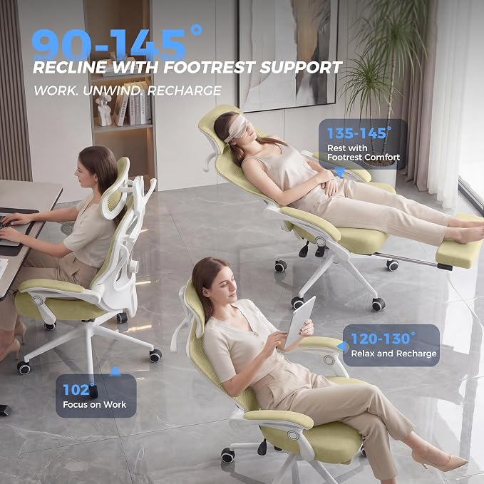 Ergonomic Office Chair - Adjustable Lumbar & Headrest, 90-160° Reclining with Footrest, Breathable Mesh Back - Home Office/Gaming Computer Chair