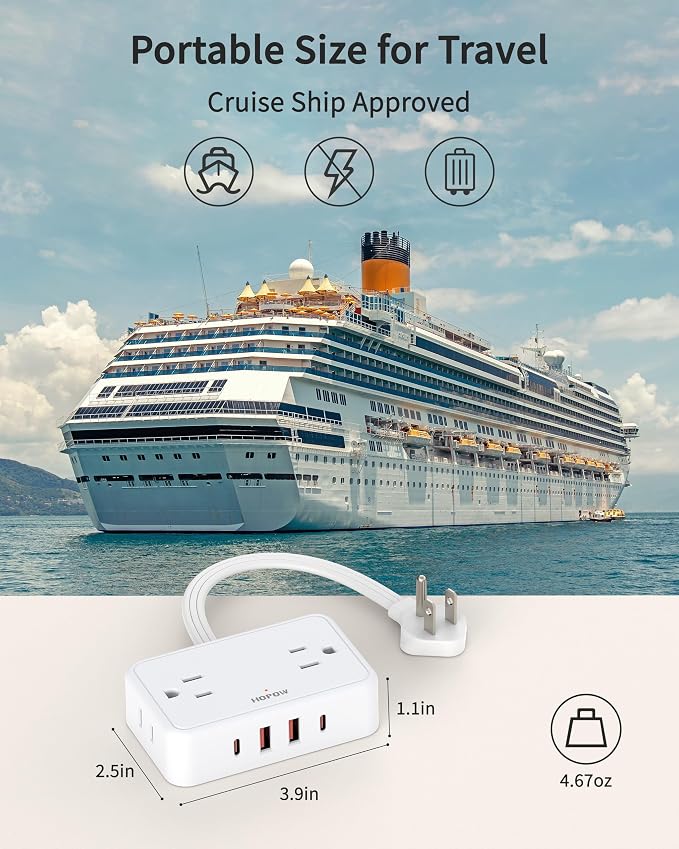 HOPOW Flat Plug Extension Cord, 0.5Ft Short Power Strip with 4 Outlets & 4 USB Ports(2 USB C), No Surge Protector for Cruise Ship, Multiple Outlet Small Power Strip for Home Office Travel