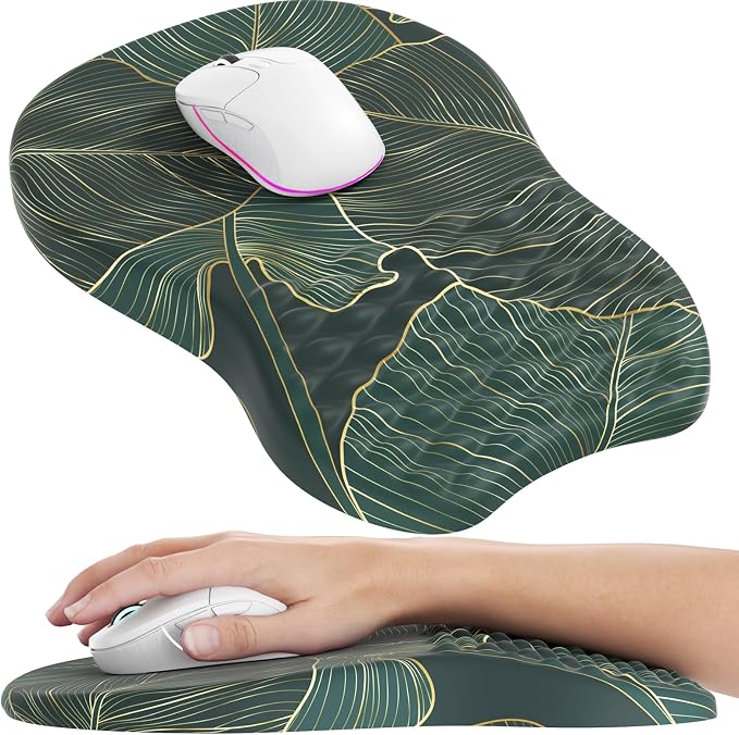MROCO Ergonomic Mouse Pad with Wrist Support, 11.8 x 7.8 in, Green Leaves | Memory Foam Wrist Rest Mouse Pad, Non-Slip Base, Smooth Lycra Surface for Office & Home, Comfortable Wrist Support