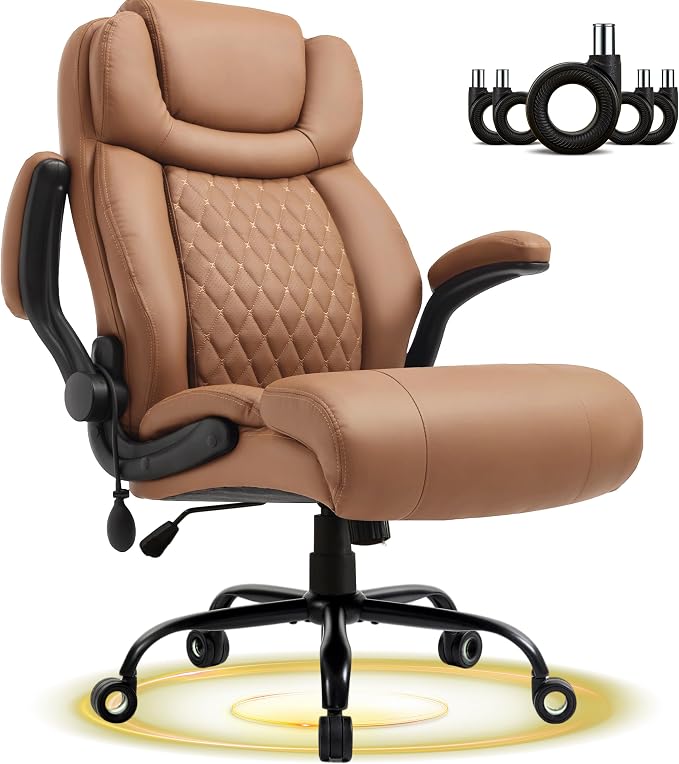 550LBS Big and Tall Office Chair, Comfy Heavy Duty Executive Chair with Adjustable Lumbar Support Double Spaces Casters, Fabric Extra Wide Seat Ergonomic Computer Desk Chair for Back Pain,Brown