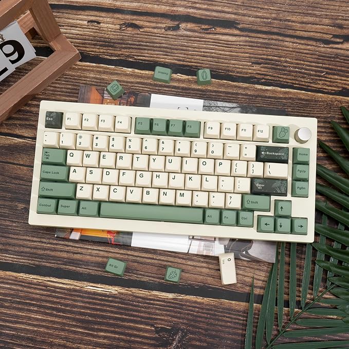 130 Keys Green PBT Keycaps, MDA Profile Dye Sub Custom Keycap, English ANSI Layout Beige Green Keycaps Botanical Key Caps for Cherry MX Mechanical Keyboard
