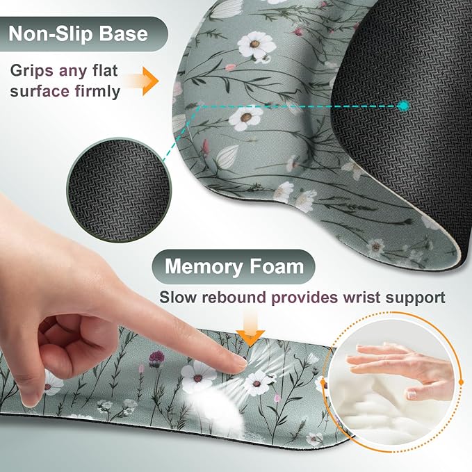 Green Floral Mouse Pad with Wrist Rest and Keyboard Wrist Set, Wildflower Ergonomic Memory Foam Mouse Pad Set for Women, Office, Typing, Gaming