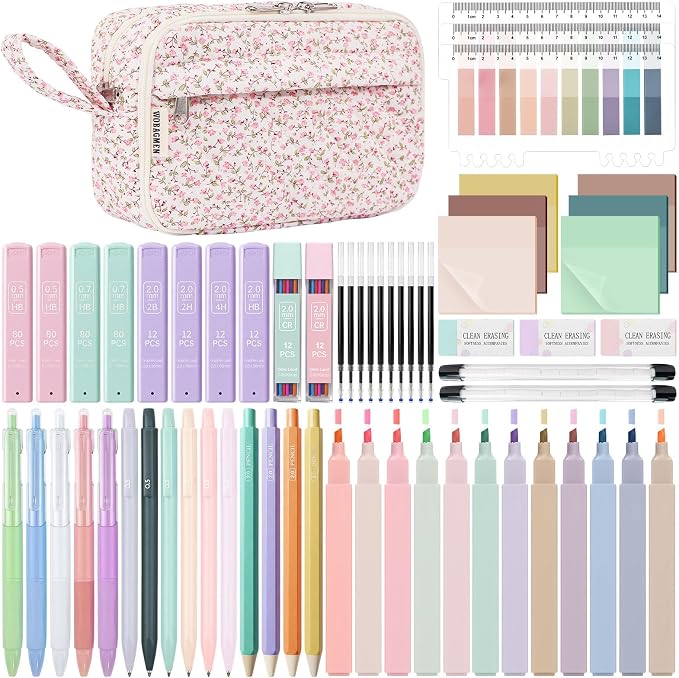 WOBAGMEN 62PCS Aesthetic School Supplies with Quilted Pencil Case, Pastel Highlighters, Gel Pens Mechanical Pencils Set, Cute Back to School Supplies, College Essentials(Pink Floral, M)