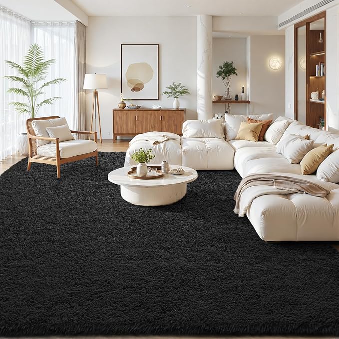 Zentavio Black Area Rugs for Living Room Bedroom 9x12 Large Men Room Carpet Fluffy Furry Shag Aesthetic Plush High Pile Floor Rug for Nursery Kids Room Dorm Home Decor