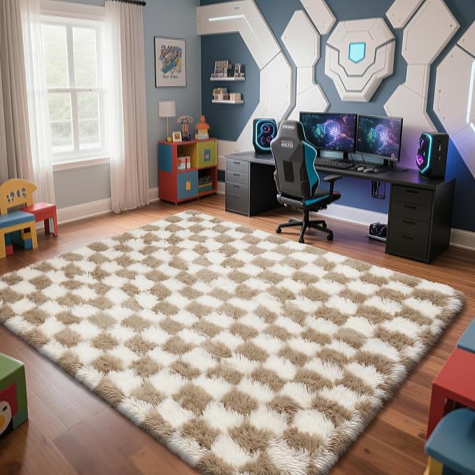Checkered Rug for Living Room, 8x10 Beige and White Area Rugs, Classic Checkered Carpets Shag Area Rug, Bedside Rugs for Living Room Bedroom Room Home Decor
