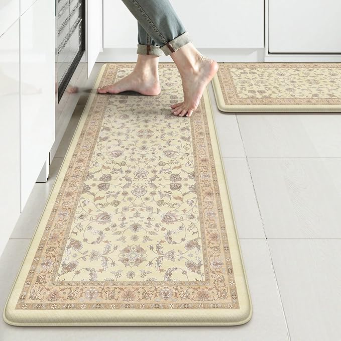 KIMODE Cushioned Kitchen Mats for Floor,Anti Fatigue Kitchen Rug Sets of 2 | Beige,Padded Kitchen Mats,Memory Foam Kitchen Mat Waterproof, Vintage Kitchen Rugs Non Slip for Laundry Office Home Decor