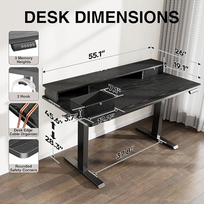 Veken 55x26 in Electric Standing Desk with Drawers, Adjustable Table, Black | Stand up Computer Desk for Home Office, Work & Study, with Storage, 3 Memory Presets, Cable Organizer, Hook, and Quiet Lift.