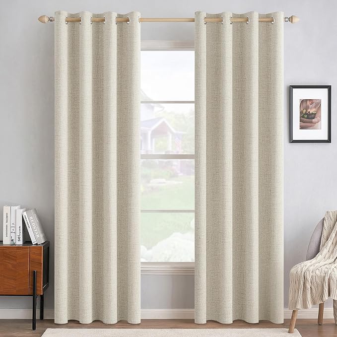 MIULEE 100% Blackout Linen Textured Curtains for Bedroom Solid Thermal Insulated Light Ivory Grommet Room Darkening Curtains & Drapes Luxury Decor for Living Room 52 x 72 Inch (2 Panels)