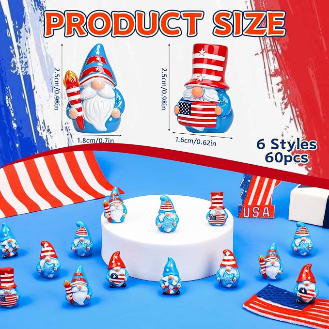 60 Pcs Patriotic Mini Resin Gnomes 6 Style 4th of July Tiny Gnomes Figures to Hide Independence Day Miniature Decor for DIY Craft Projects Party Favors and Desk Decor