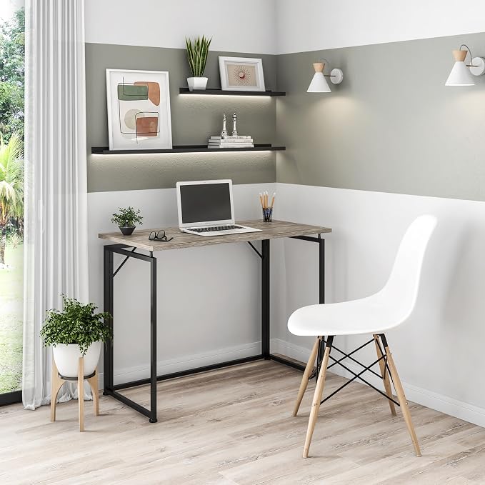 40" W Folding Desk for Small Spaces, Folding Table or Portable Computer Desk, Space-Saving Workstation for Home Office, Bedroom, Dorm and Study, No Assembly Required, Grey