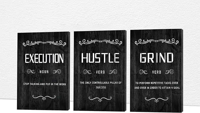 Office Wall Art - 3 Panel Motivational Wall Art, Inspirational Quotes Canvas Art for Home Office Wall Decor, Positive Quotes Wall Decor, Entrepreneur Grind Hustle Execution Poster Frame (16”x24”x3Pcs)