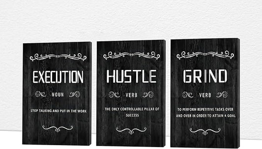Office Wall Art - 3 Panel Motivational Wall Art, Inspirational Quotes Canvas Art for Home Office Wall Decor, Positive Quotes Wall Decor, Entrepreneur Grind Hustle Execution Poster Frame (12”x24”x3Pcs)