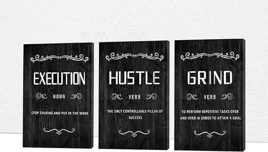 Office Wall Art - 3 Panel Motivational Wall Art, Inspirational Quotes Canvas Art for Home Office Wall Decor, Positive Quotes Wall Decor, Entrepreneur Grind Hustle Execution Poster Frame (12”x18”x3Pcs)