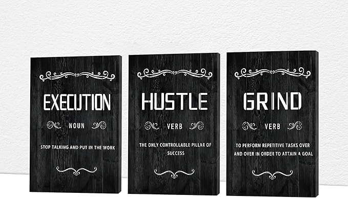 Office Wall Art - 3 Panel Motivational Wall Art, Inspirational Quotes Canvas Art for Home Office Wall Decor, Positive Quotes Wall Decor, Entrepreneur Grind Hustle Execution Poster Frame (20”x30”x3Pcs)