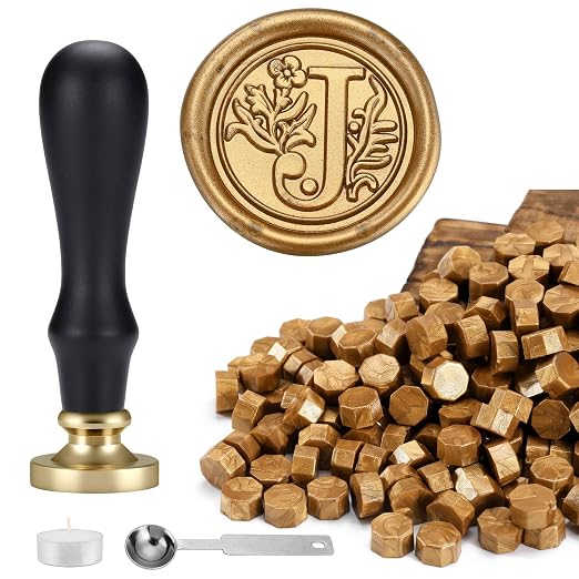 Yoption Traditional Initial Alphabet Wax Seal Stamp with 120 Antique Gold Wax Seal Beads Kit for Wedding Engagement Party Invitation Envelope Christmas Gift Wrap - Letter J