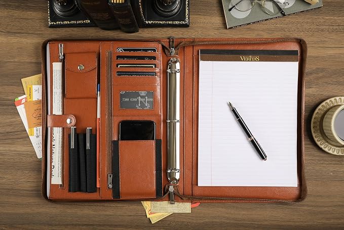 Brown Leather Padfolio for Women/Men, Business Leather Binder 3 Ring Portfolio, Personalized Leather Portfolio Binder, Zippered Portfolio Organizer for A4 Notepad & 13-inch Laptop/Tablet