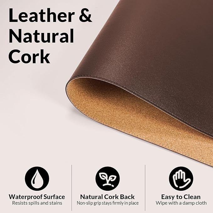 AFIING Cork Desk Mat, Coffee, 23.6" x 13.7",Desk Pad Protector | Dual-Sided & PU Leather, Waterproof, Non-Slip for Mouse Pad, Writing, Home Office& Laptop