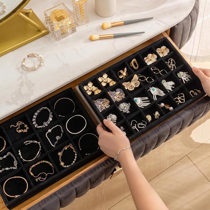 Jewelry Trays for Drawer,Set of 2 Jewelry Organizer and Storage | Velvet Material,Stackable,Adjustable Dividers,Drawer Inserts for Rings Studs Bracelet,Earring Organizer for Women Girls