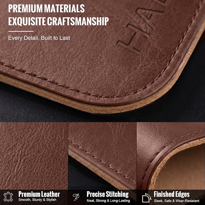 HAUTOCO Cork Desk Mat 31.5"x15.7", Distressed PU Leather & Cloth Desk Pad | Waterproof, Non-Slip, Stitched Edges, Brown Large Gaming Mouse Pad, Laptop Blotter & Desk Protector for Office and Home