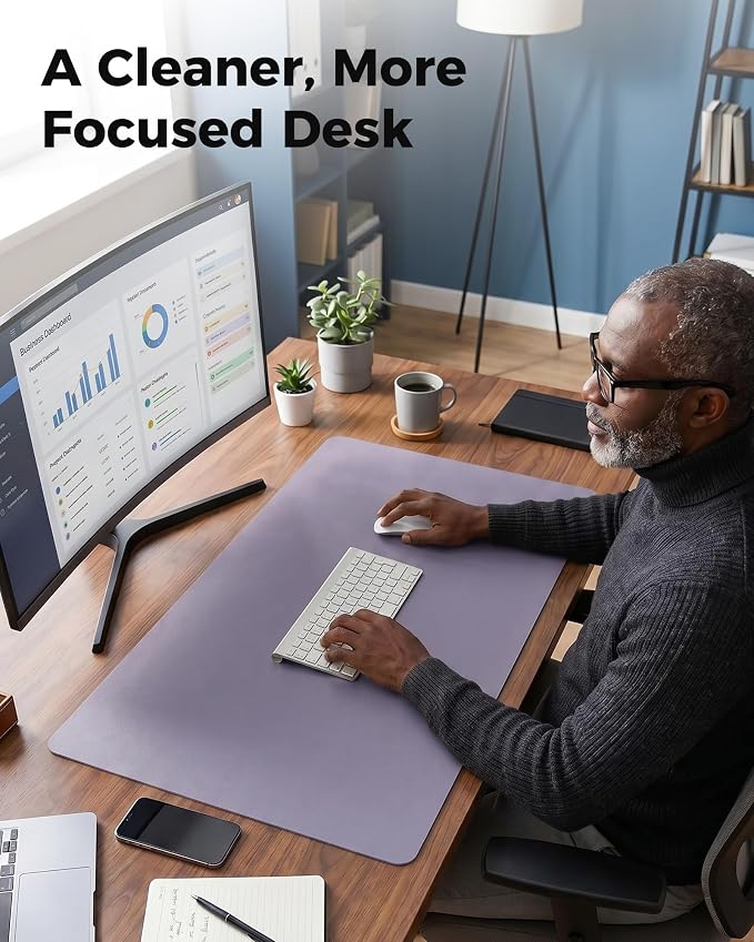 Aothia Dual-Sided Desk Mat, FSC Cork & PU Leather Desk Pad, Large Mouse Pad & Writing Surface for Full Desk Coverage, Non-Slip Waterproof Desk Protector - 47" x 23.6", Light Purple