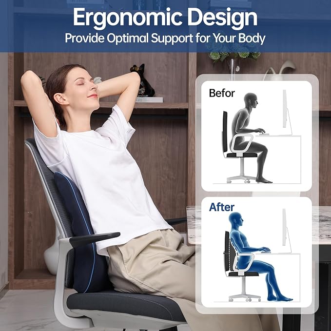 Plush Comfortable Memory Foam Lumbar Support Pillow - Soft Back Cushion for Office Chair, Car Seat, Gaming Chair - Ergonomic Lower Back Pain Relief with Adjustable Straps & Washable Cover-Navy Blue