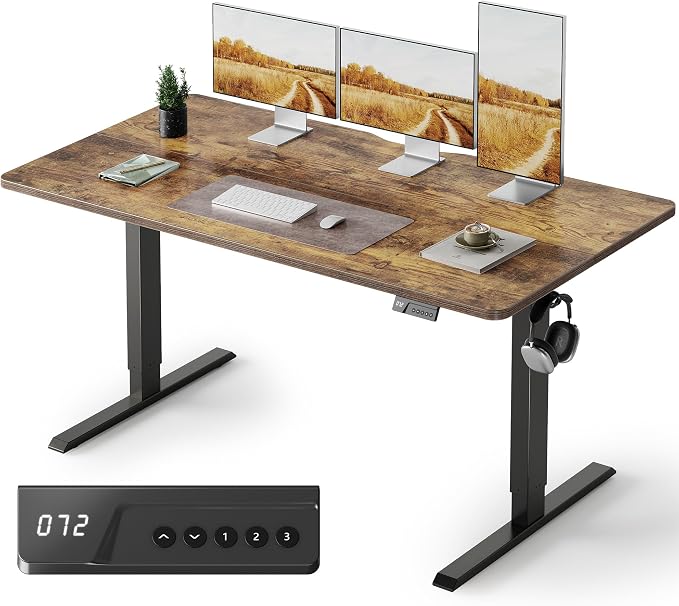 FEZIBO Standing Desk, 63×28 Inches Electric Height Adjustable, Sit Stand Up, Computer Office Desk with Splice Board, Black Frame/Rustic Brown TOP