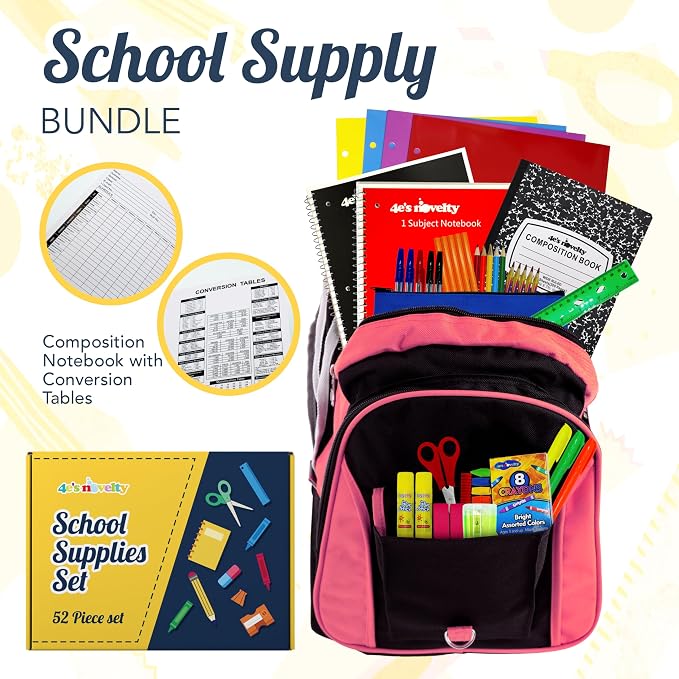 4E's Novelty 52 Pieces Schools Supplies Kit for K1-8 Back to School Supply Box with Essential Student Kits, School Supply Bundle Middle Elementary Schools Supplies Kit Grades 1 2 3 4 5 6 7 8
