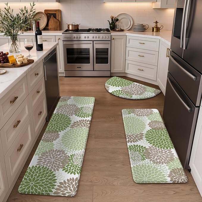 KIMODE Half Circle Anti Fatigue Mats for Kitchen Floor Rug Sets of 3 | 18"x28+18"x47"+18"x59",Sage Green,Dahlia Floral Boho,3PCS,Non Slip,Waterproof,for Sink Office Laundry Bathroom Decor